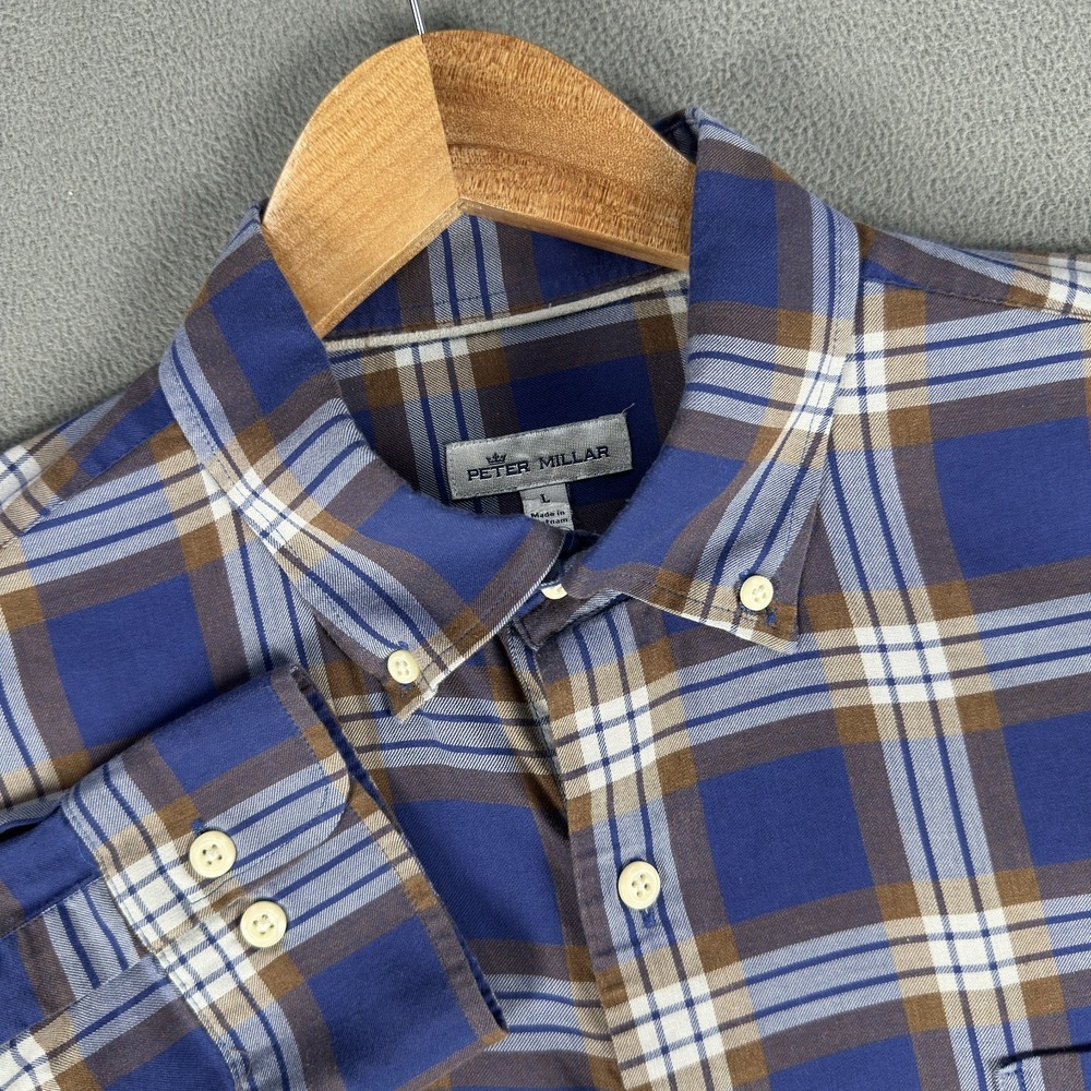 Peter Millar Shirt Mens Large Blue Brown Plaid Summer Soft Twill Quiet Luxury